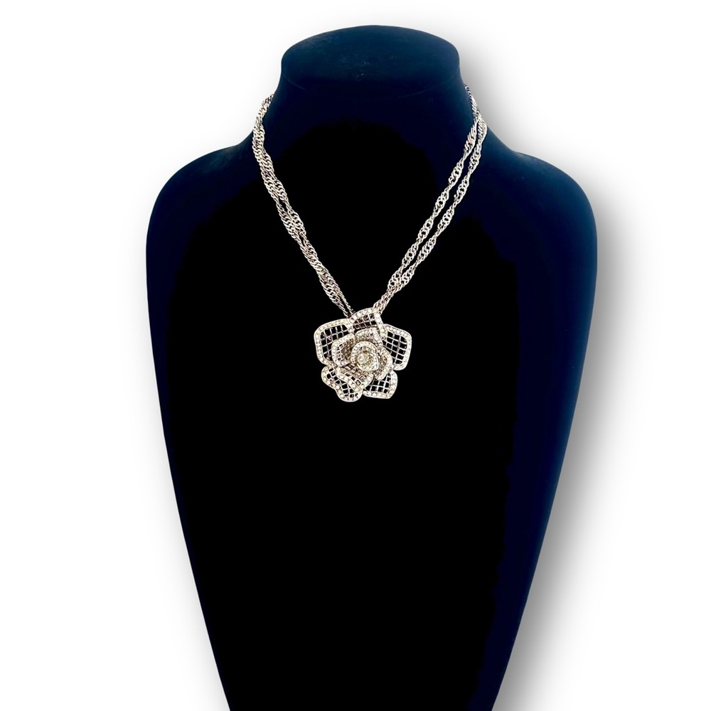 WHBM Pave Crystal Silver Rose Pendant/Broach Convertible Necklace NWT - Picture 10 of 14